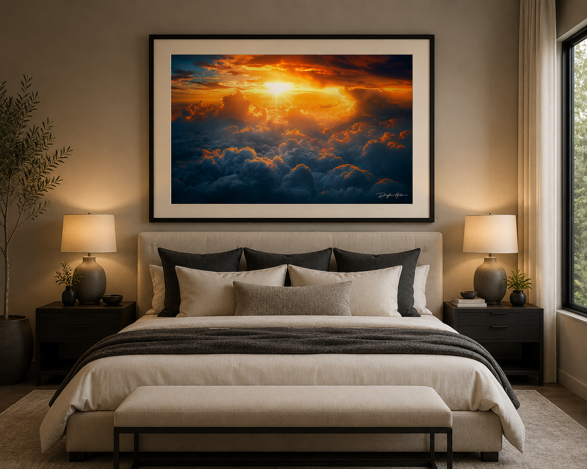 Above the Clouds framed landscape artwork displayed in the bedroom