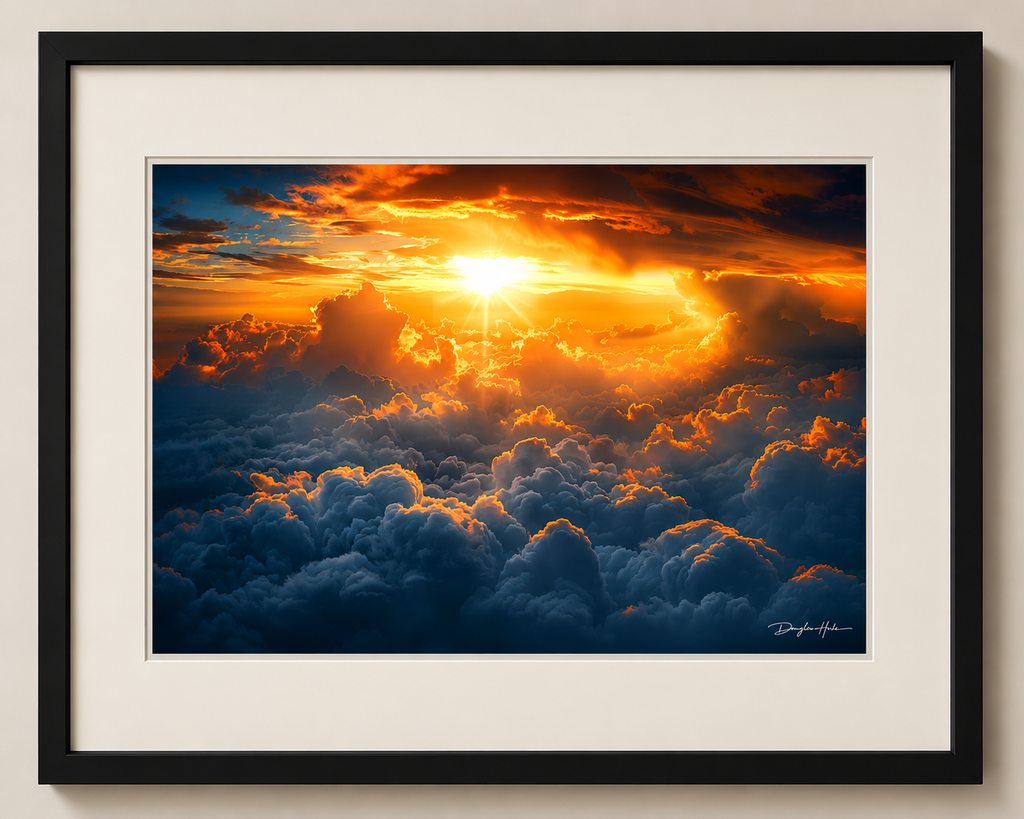 Close-up of Above the Clouds fine art print in a black frame with mat