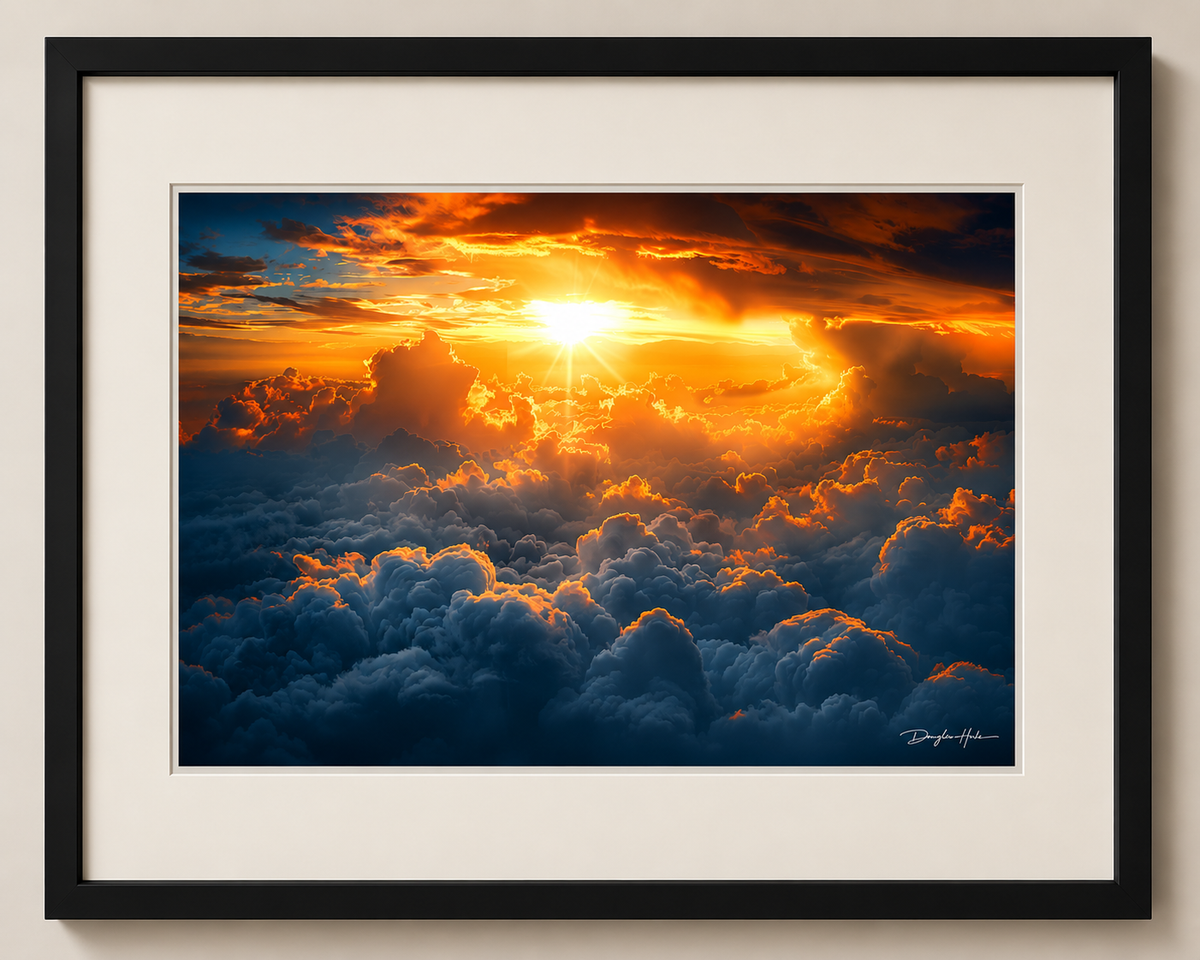 Close-up of Above the Clouds fine art print in a black frame with mat