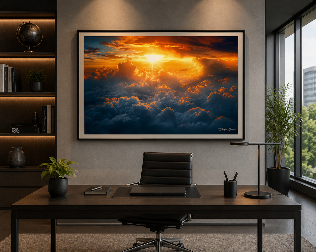 Above the Clouds framed artwork displayed in a modern home office