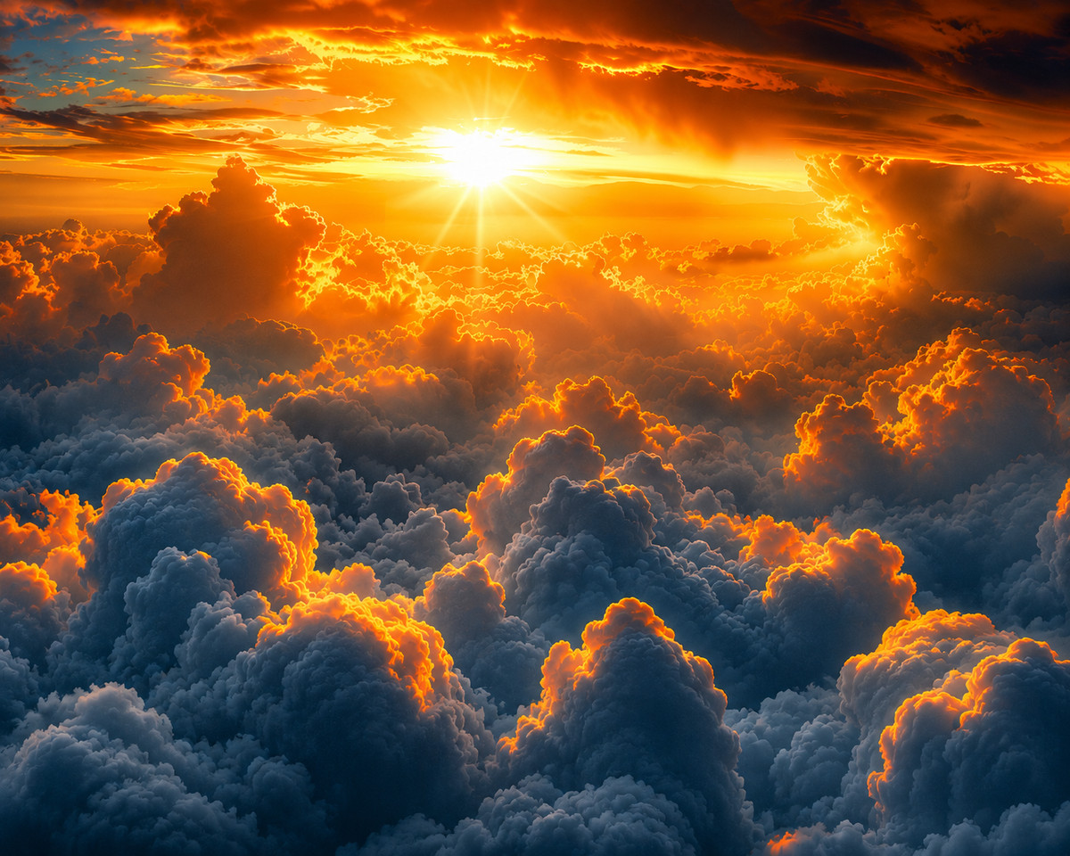 Close-up detail of Above the Clouds dramatic sunset over a dense layer of clouds.
