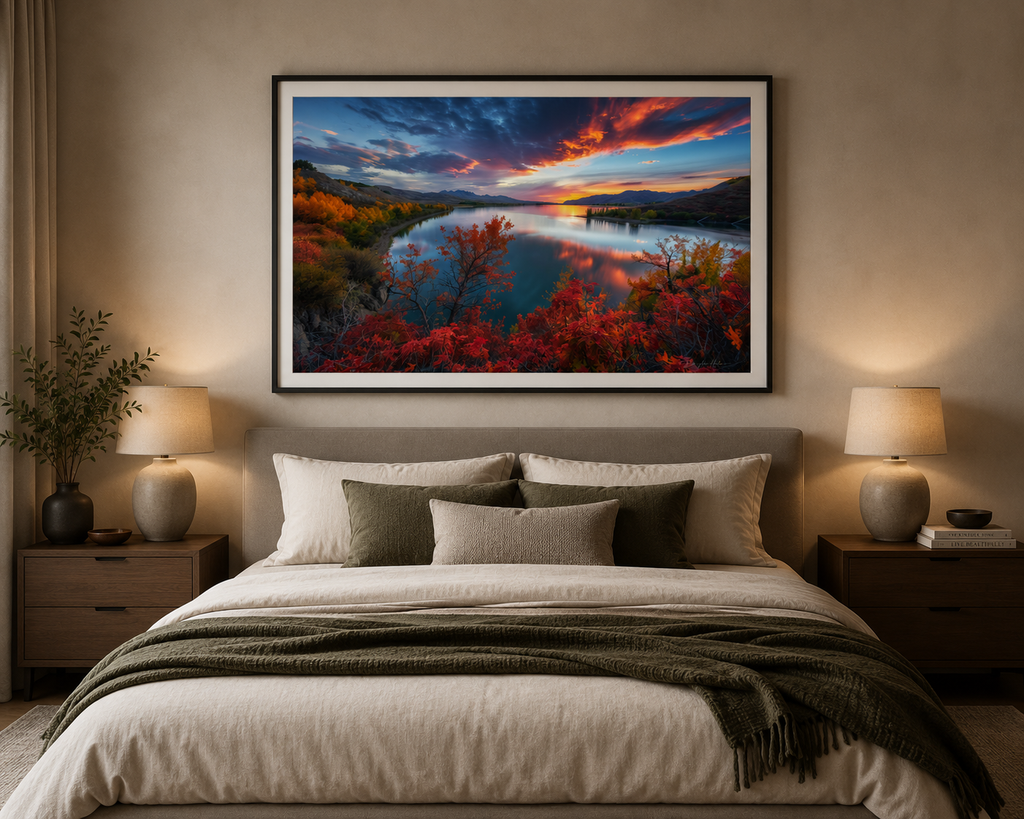 Dawn of Possibilities, a framed landscape art print of a sunset over a lake with colorful autumn foliage, displayed on a beige wall above a neatly made bed in a modern, symmetrically styled bedroom.