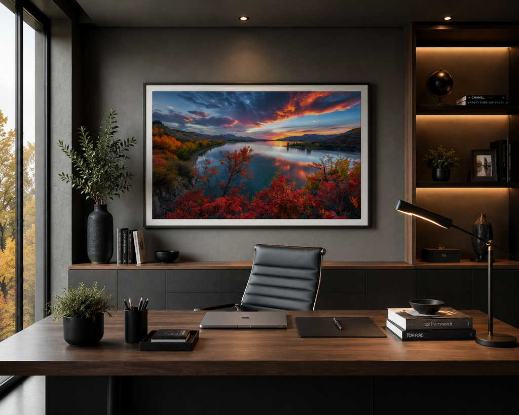 Dawn of Possibilities framed artwork displayed in a modern home office