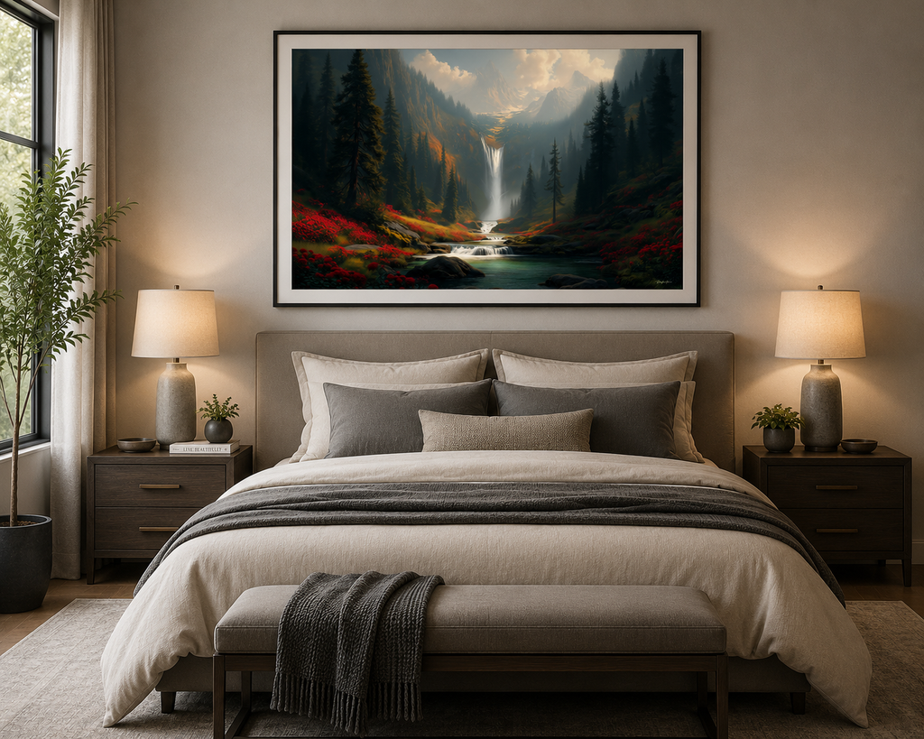 Falling into Serenity framed landscape artwork displayed in a bedroom bedroom