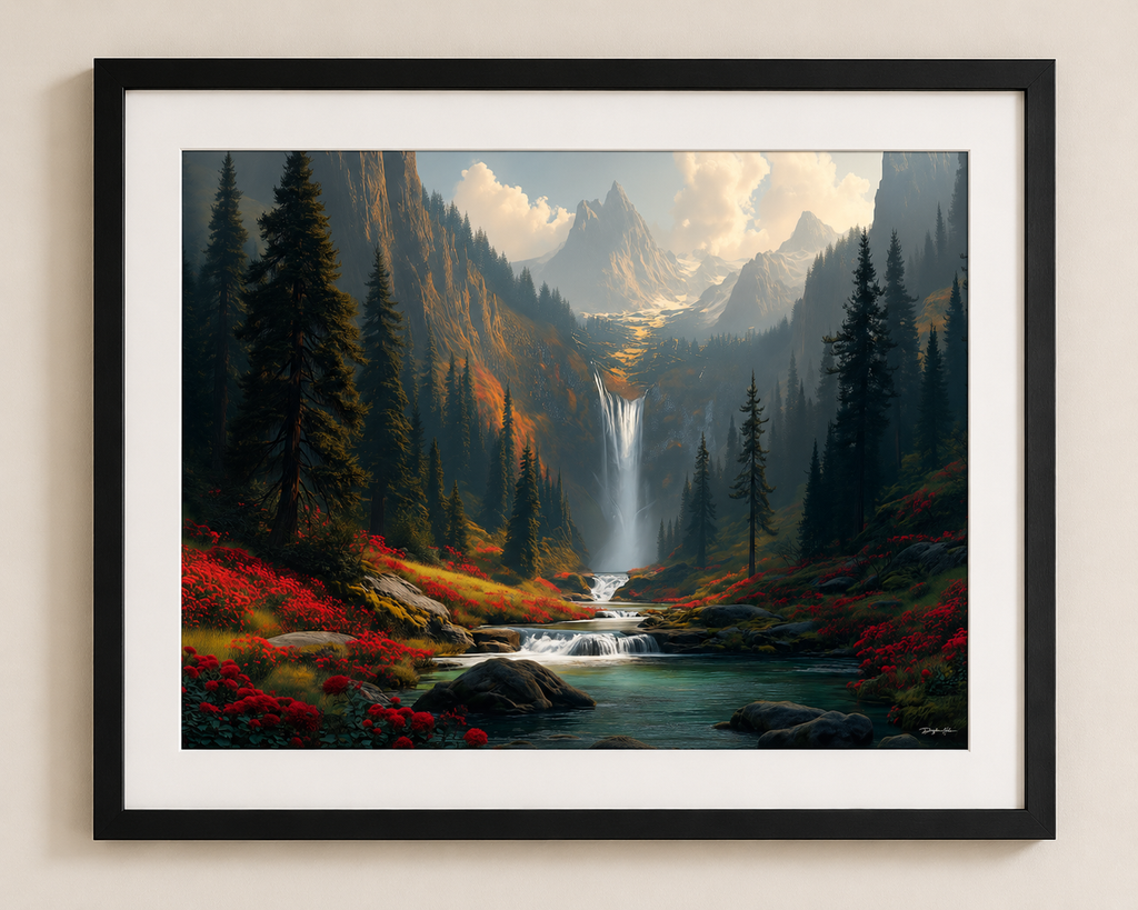 Close-up of Falling into Serenity fine art print in a black frame with mat