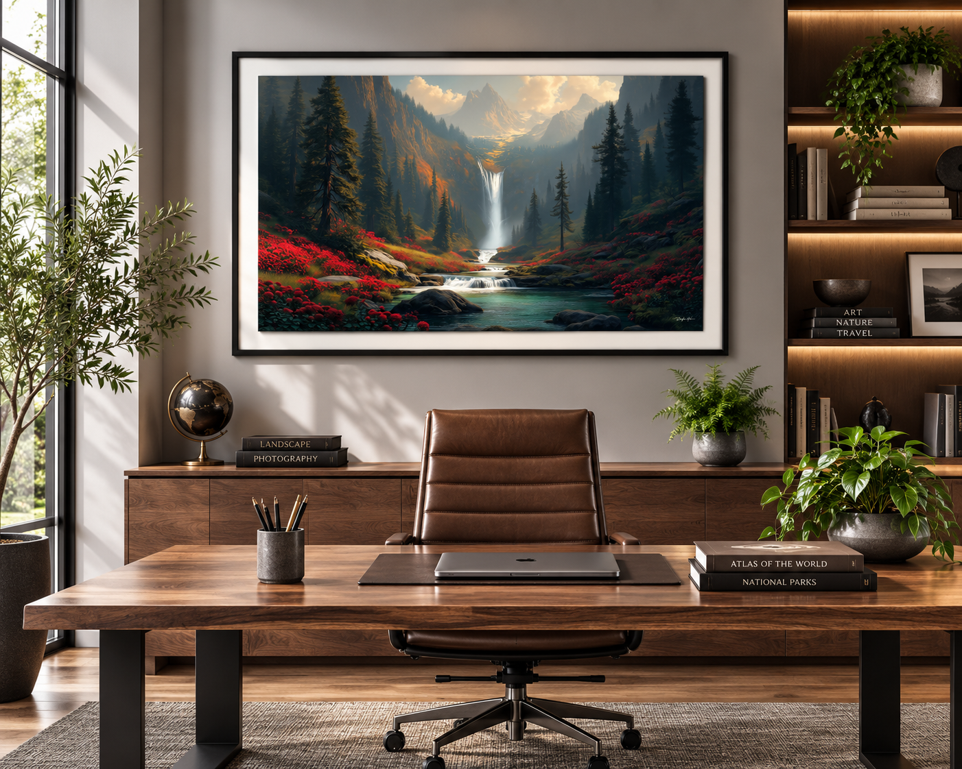 Falling into Serenity mountain landscape displayed  in a modern home office