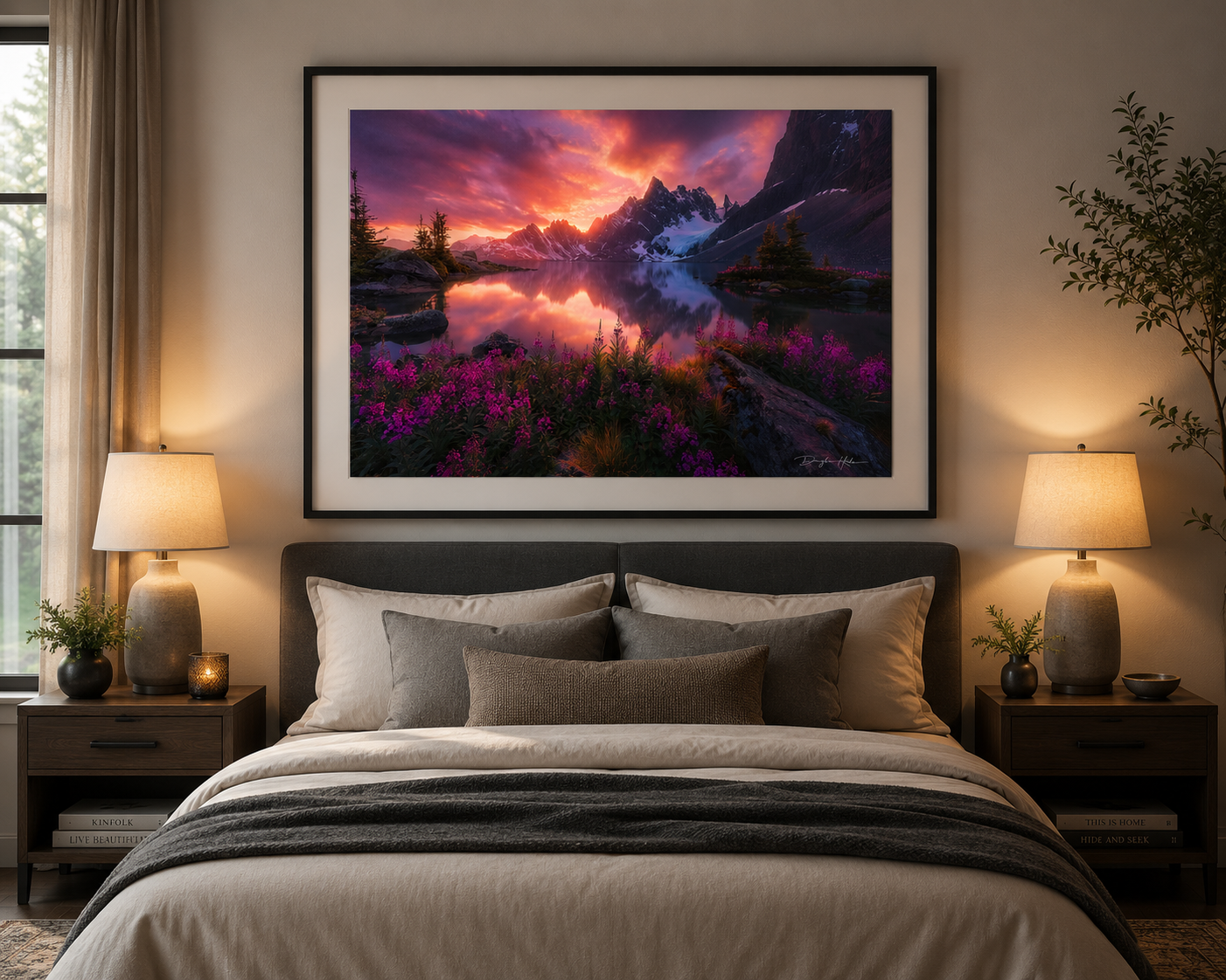 Reflections of Water framed landscape artwork displayed above a bedroom