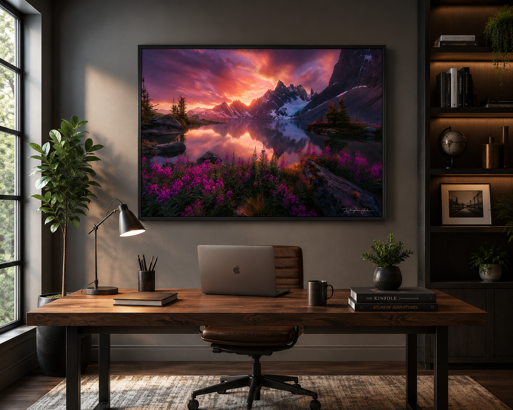 Reflections of Water framed artwork displayed in a modern home office