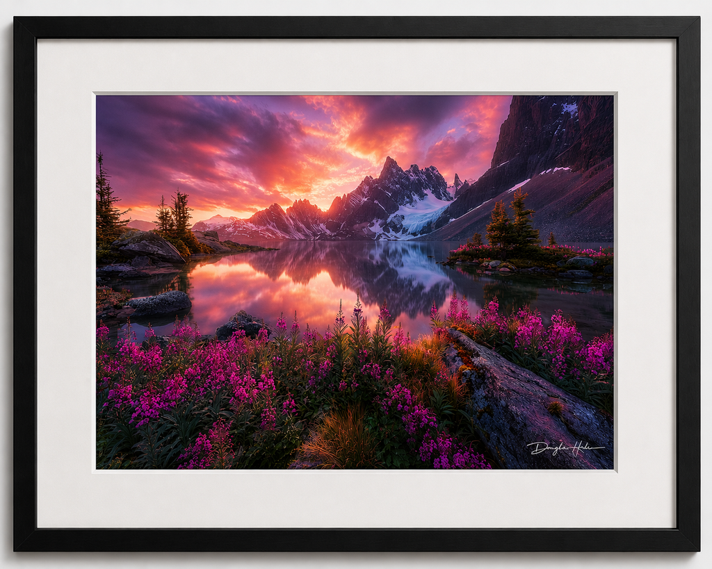 Close-up of Reflections of Wonder fine art print in a black frame with mat