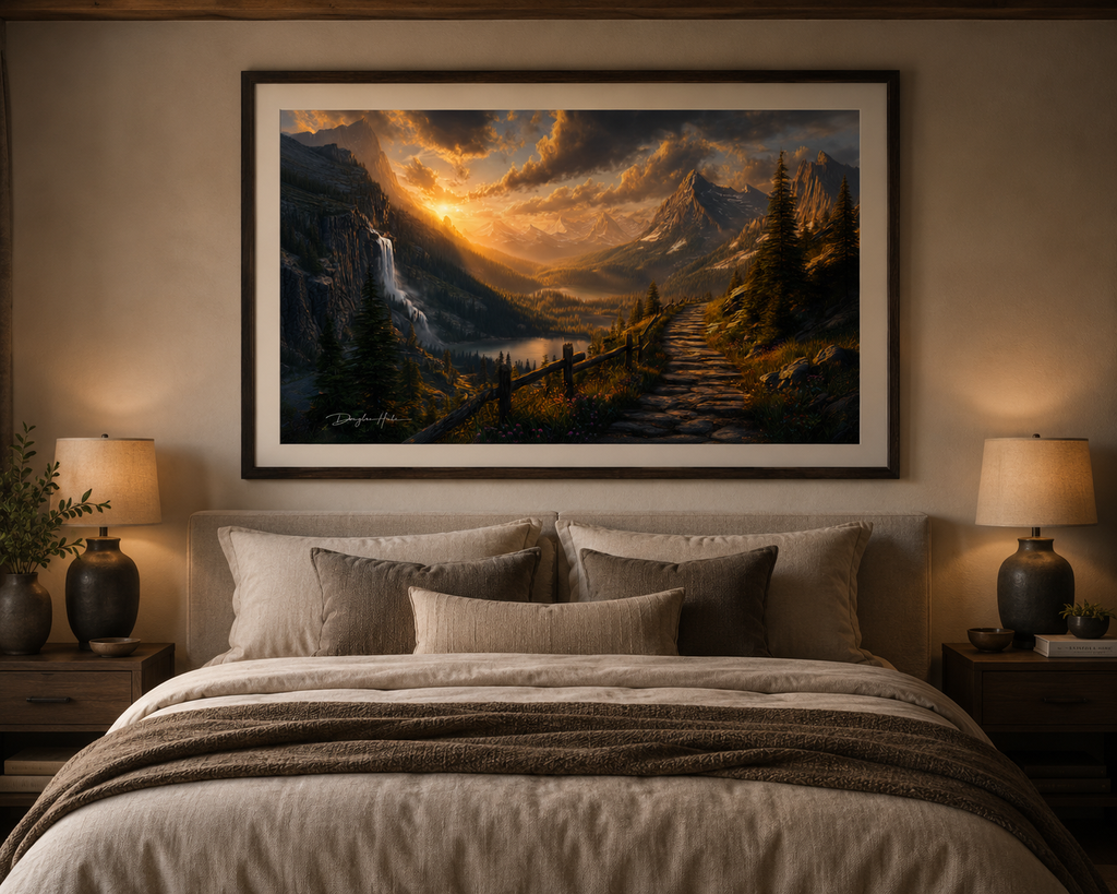 The Way Forward framed landscape artwork displayed above a bedroom