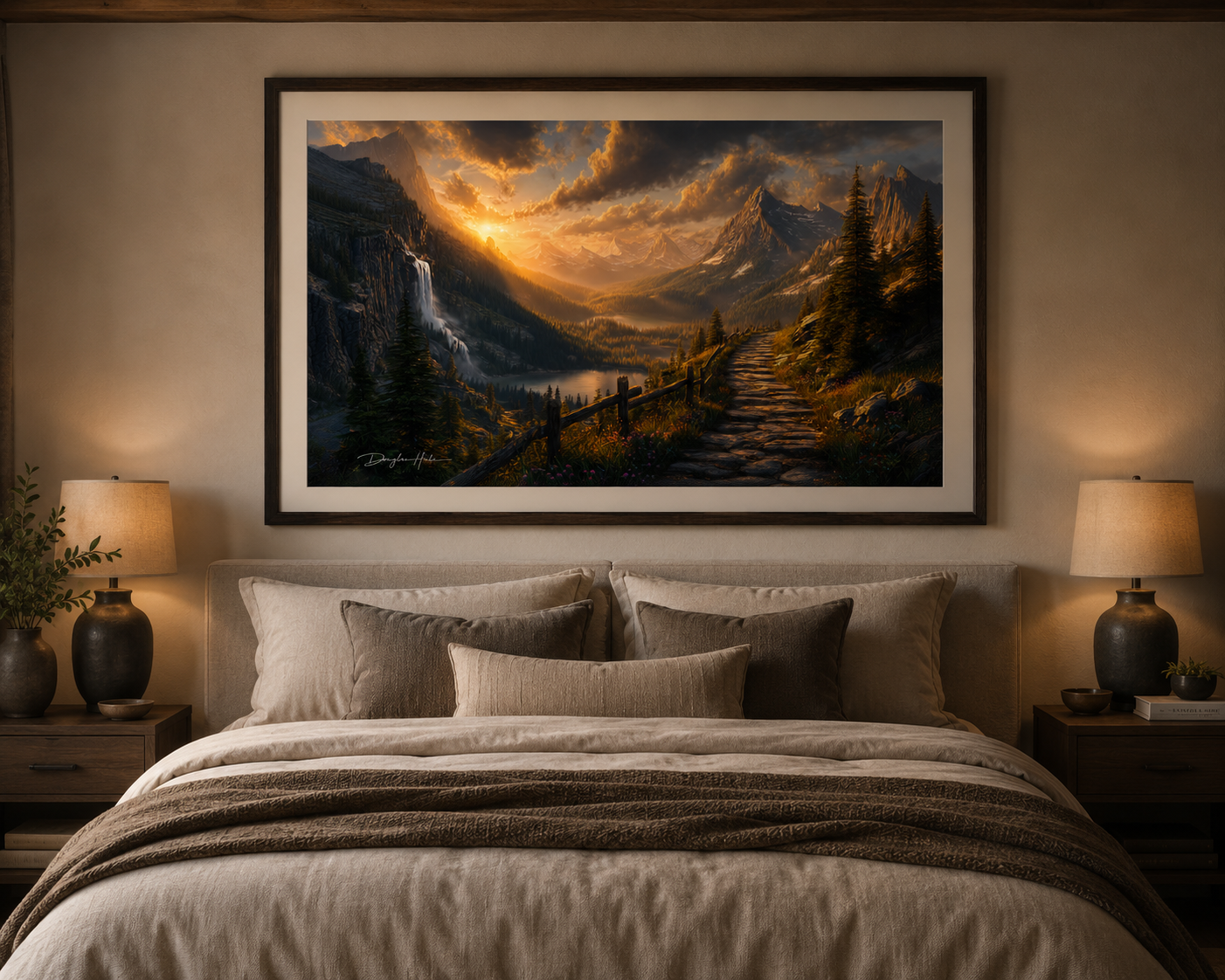 The Way Forward framed landscape artwork displayed above a bedroom
