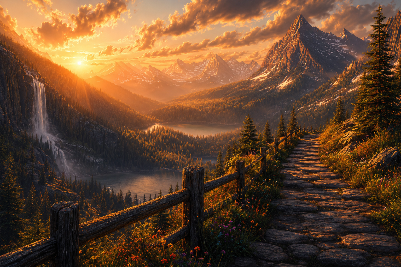 Close-up detail of The Way Forward mountain path and sunset landscape