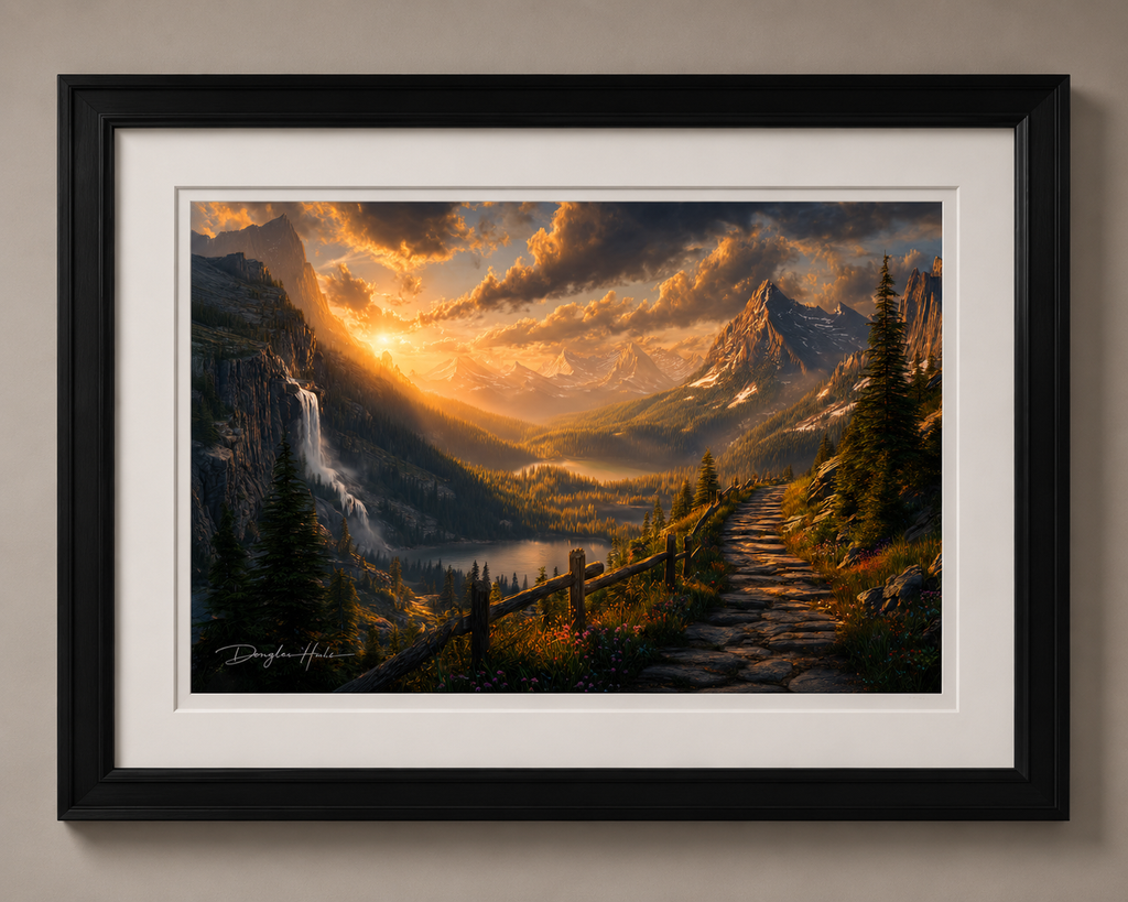 Close-up of The Way Forward fine art print in a black frame with mat