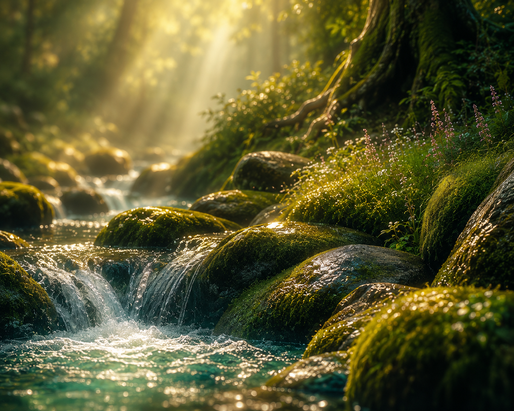 Close-up detail of Where the Forest Whispers dramatic sunbeams filtering through the trees