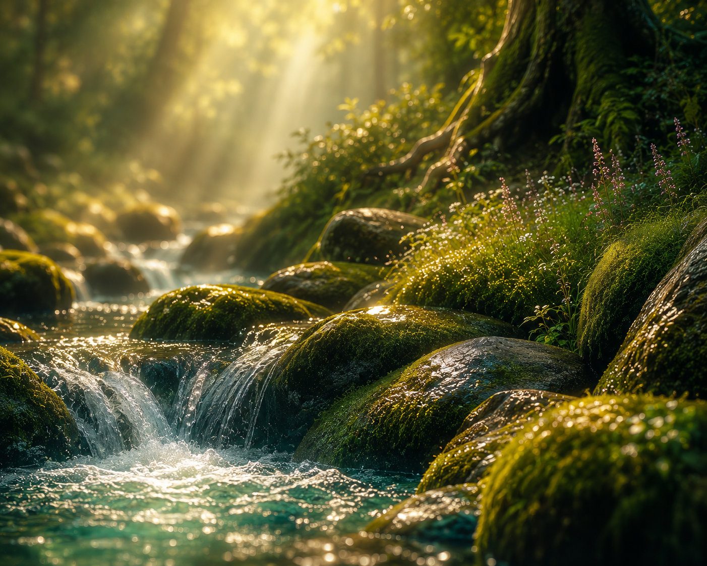 Close-up detail of Where the Forest Whispers dramatic sunbeams filtering through the trees