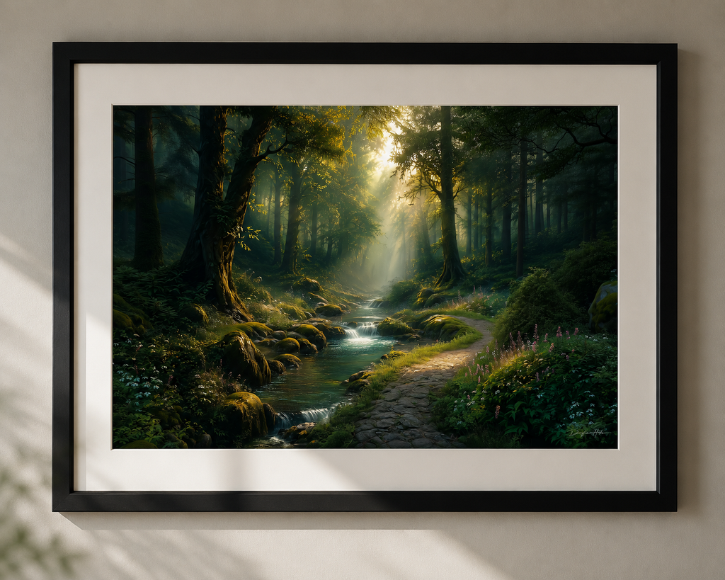 Close-up of The Where the Forest Whispers fine art print in a black frame with mat