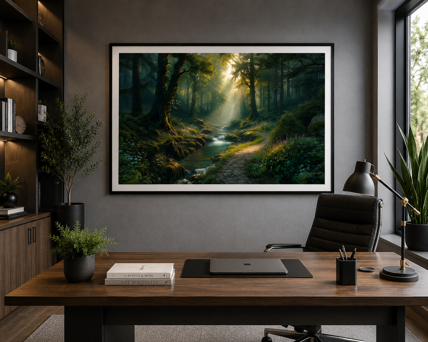 Where the Forest Whispers framed artwork displayed in a modern home office