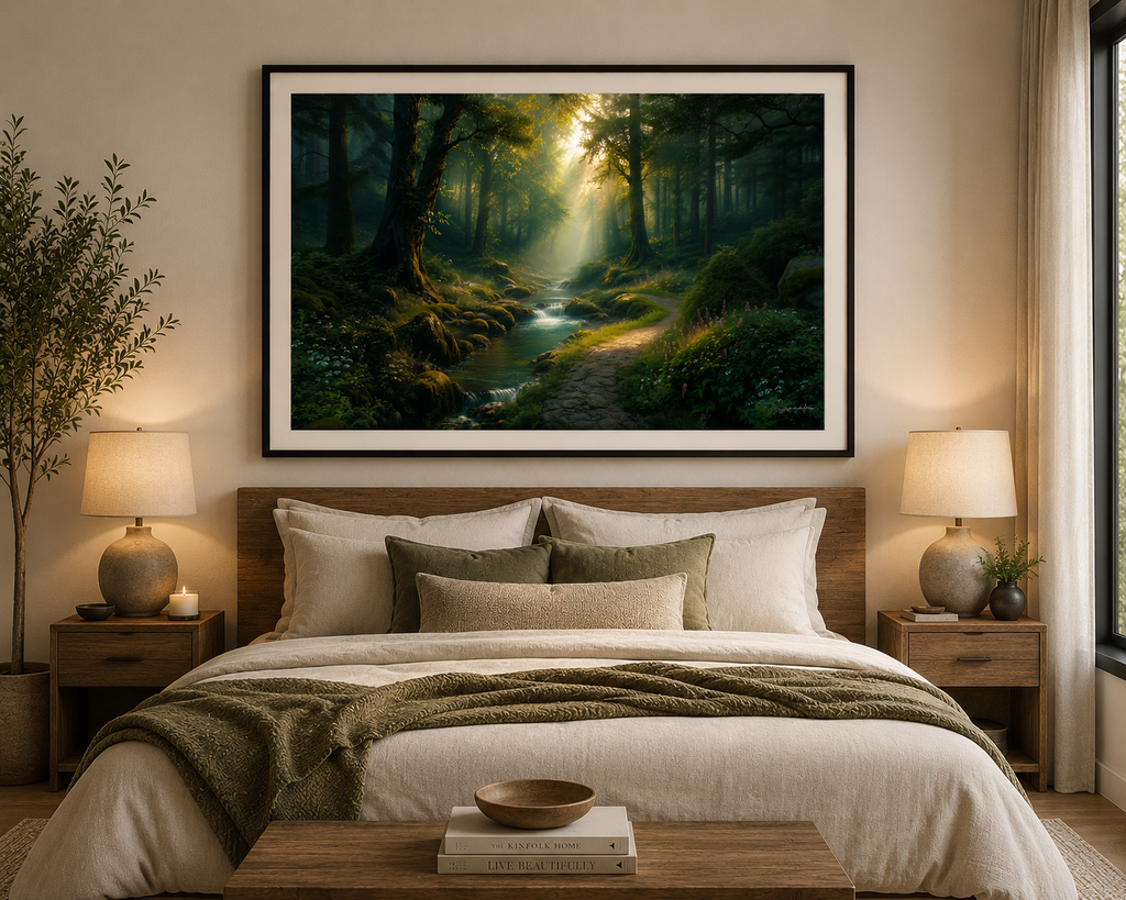 Where the Forest Whispers framed landscape artwork displayed above a bedroom