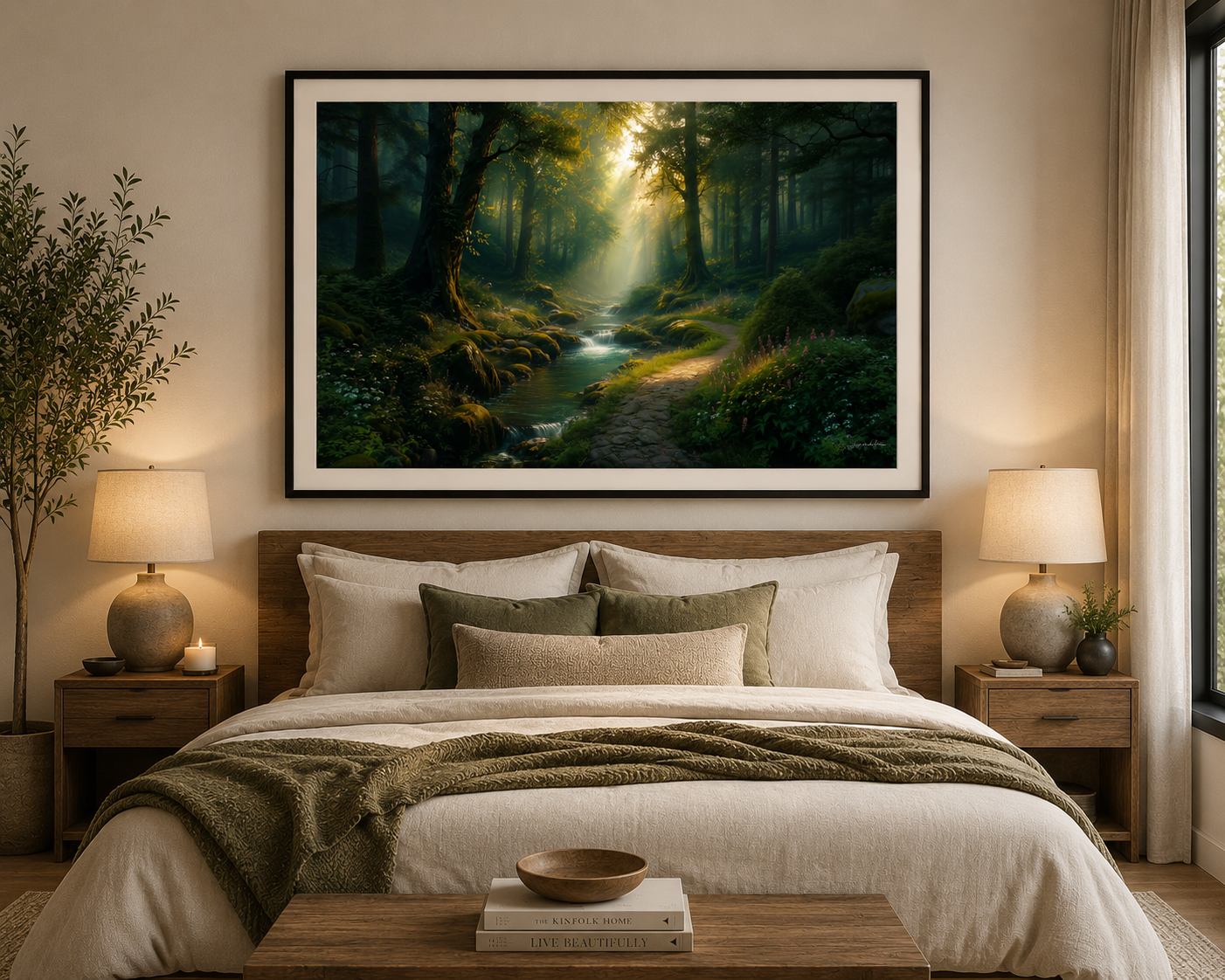 Where the Forest Whispers framed landscape artwork displayed above a bedroom